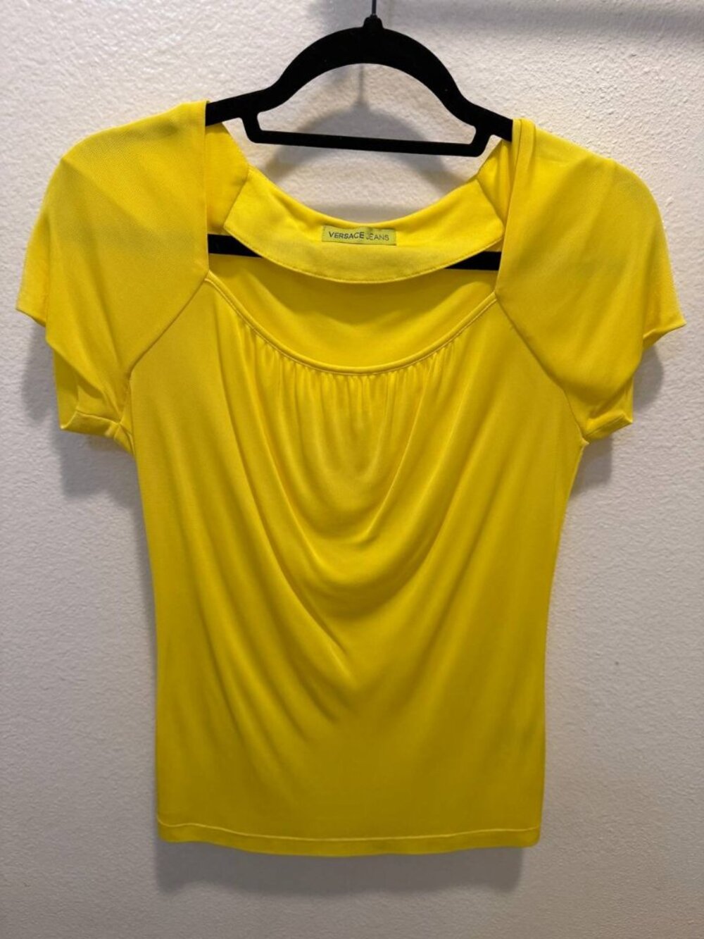 Versace Jeans Bright Yellow Cowl Neck Short Sleeve Knit Top Blouse